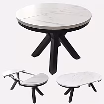 Rozkládací kulatý jídelní stůl, 3 velikosti v jednom, průměr 100 cm, délka rozloženého stolu 138 cm a 176 cm, barvy laminátové desky černá, bílá, dub, mramor, beton
