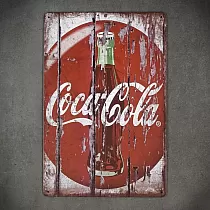 Dekoratives Wandschild mit Text &amp;quot;Coca-cola&amp;quot; und mit Flasche, sieht aus wie altes Holz, aus Stahl, Maße 20x30 cm