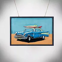 3D metal artwork &amp;quot;Beach and a retro car with surfboard on roof&amp;quot;, height 60 cm, width 90 cm