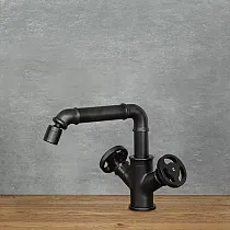 LOFT-style sink faucet with adjustable water jet angle, made of brass in black color, height 185mm, spout length 125mm,