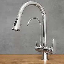 Modern kitchen tap made of brass in chrome color, 360 degree rotatable, pull-out spout, with additional drinking water spout, height 41 cm, spout length 19 cm