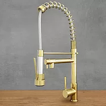 Two spouts kitchen faucet made from brass in antique gold color, industrial-look, rotating spout with constant flow and pull-out spout with a shower jet, total height 54 cm