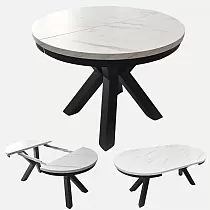 Compact round extendable dining table, 3 sizes in one table, diameter 100 cm, extended table length 138 cm and 176 cm, laminate top colours black, white, oak, marble, concrete