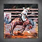 3D metallinen rodeocowboy-seinätaide puupaneelilla – käsintehty lännenhenkinen ratsastajaseinäkoriste, suuri 100x100 cm