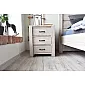Sängbord i massivt trä av gran med tre lådor, vitlaserad yta, höjd 67 cm, bredd 54 cm, djup 42 cm, set om 2 st