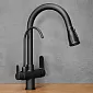 Grifo de cocina moderno de latón en elegante color negro, caño extraíble giratorio 360 grados, con caño adicional para agua potable, altura 41 cm, longitud del caño 19 cm