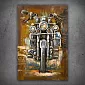 3D metalna umjetnost, slika, zidni dekor - motocikl čoper, pogled sprijeda, smeđa boja, izmēri 80x120cm