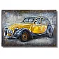Tableau en métal 3D, décoration murale - petite voiture aux tons jaunes et bleus, dimensions 120x80cm