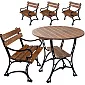 Set di mobili da giardino in ghisa con assi di ontano impregnato, un tavolo di diametro 100 cm e 4 sedie con schienale e braccioli