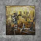 Urban Skyline Golf – 3D Metall Wandkonscht Bild (100x100 cm), industriell Stadspanorama mat Figuren, modern Loft Dekor