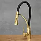 Grifo de cocina giratorio 360 grados de acero inoxidable, altura 43 cm, longitud del caño 17 cm, color negro y oro antiguo