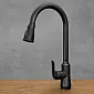 Grifo de acero inoxidable con caño extraíble en color negro, altura 46 cm, longitud del caño 17,5 cm