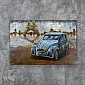 Vintage 3D Metal Wall Art – Classic Blue French Car with Eiffel Tower, 120x80cm, Industrial Rustic Decor