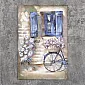 Decoración de pared de metal 3D, ventana azul con contraventanas, flores, bicicleta, cesta de flores, ambiente griego, dimensiones 80x120cm