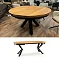 Round extendable dining table with solid wood top and black legs, diameter 100 cm or 120 cm, maximal length 176 cm or 196 cm