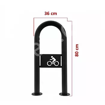 Bicicletário externo de metal com logotipo da bicicleta, cor preta, dimensões 80x36 cm