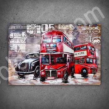 3D-metallitaideteos, jossa on kuva elävästä Red London Busista, mitat 120x60cm