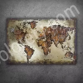 3D metalinis pasaulio žemėlapio menas rudais tonais „Pramoninė žemė: metalinė kartografija“, 70x120 cm
