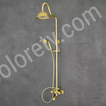 Sistema de ducha de lluvia de estilo retro, de color amarillo, fabricado en latón, altura 141 cm, diámetro de la ducha de lluvia 21 cm
