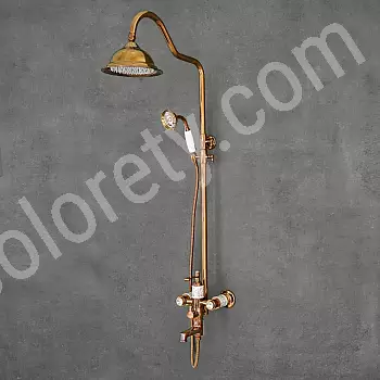 Sistema de ducha de lujo estilo retro en latón, color bronce antiguo, acabado cerámico, altura 142 cm