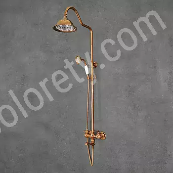 Tuš sistem v retro stilu, medenina, starinska bronasta barva, keramična obdelava, višina 136 cm