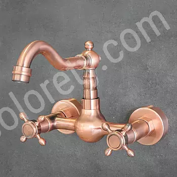 Torneira de parede de latão com aparência antiga, cor efeito ouro rosa antigo, altura 17 cm, comprimento do bico 15 cm