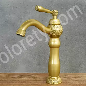 Rubinetto per lavabo in stile retrò in ottone color ottone antico satinato, altezza 30 cm, lunghezza beccuccio 15 cm