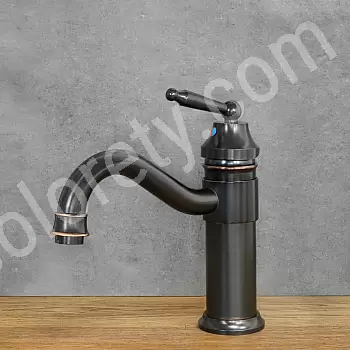 Retro-style sink faucet made of brass in black color, height 24 cm, spout length 16 cm