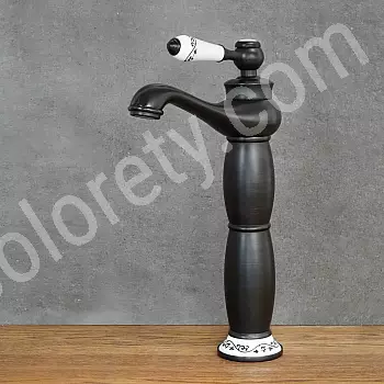 Retro style washbasin faucet made of brass with ceramic elements, black and white color, height 31 cm, spout length 11.5 cm