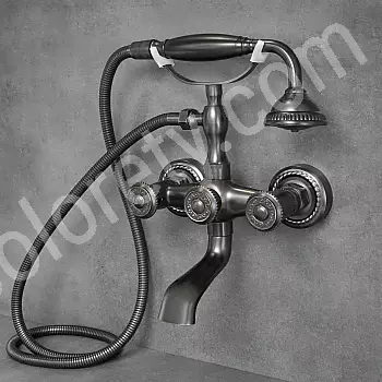 Antique style wall-mounted bath faucet with shower, black brass, height 28 cm, spout length 9 cm