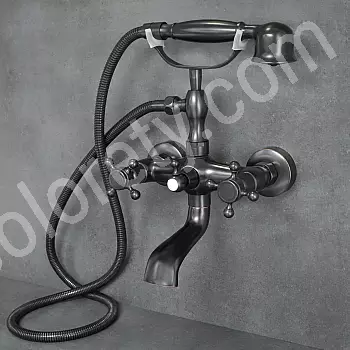 Antieke stijl wandgemonteerde badkraan met douche, zwart messing met shabby effect, hoogte 30 cm, uitlooplengte 9 cm