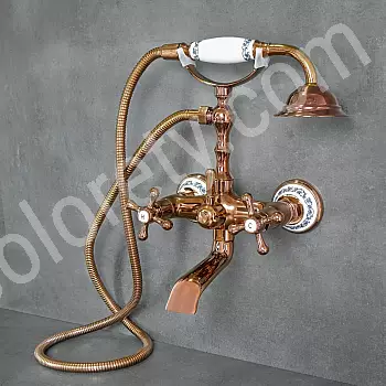 Wall-mounted retro style bathroom faucet made of brass and ceramics, antique bronze color, height 220mm, spout length 115mm