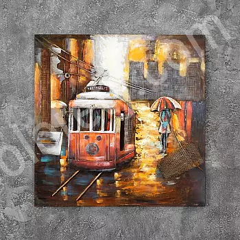 3D lakování na kov tramvaj při západu slunce 100x100cm