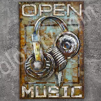 3D Metal Art Work &amp;amp;quot;Mikrofon an Kopfhörer Open Music&amp;amp;quot;, Dimensiounen 60x90cm