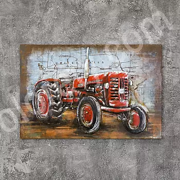 Pictura metalică 3D Tractor retro roșu 80x120cm