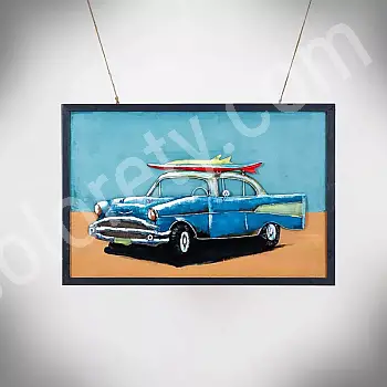 Arte em metal 3D &amp;amp;quot;Praia e um carro retrô com prancha de surfe no teto&amp;amp;quot;, altura 60 cm, largura 90 cm