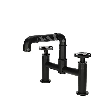 Rubinetto a due canali in stile industriale con effetto tubi, colore nero, in ottone, altezza 20 cm, lunghezza beccuccio 15 cm