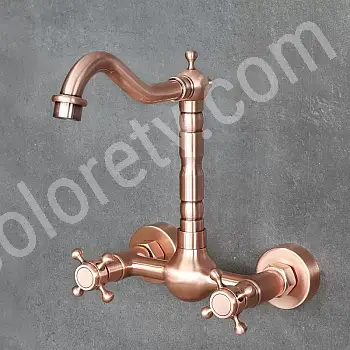 Robinet mural design, couleur or rose, en laiton, hauteur 26,5 cm, longueur bec 18,5 cm