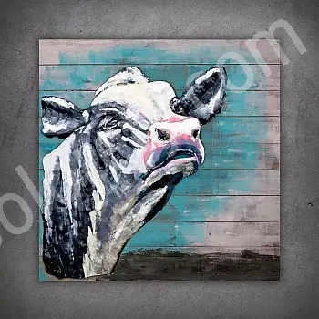 Čtvercový 3D kovový nástěnný obraz, obrázek - bílá kráva s růžovým nosem, rozměry 80x80cm