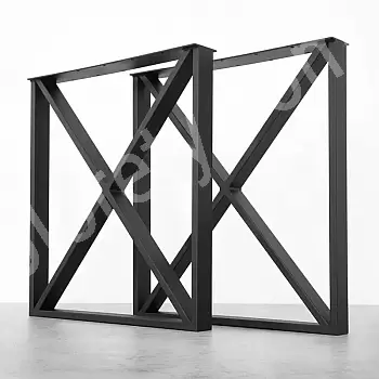 Rektangulære metallbordben laget av stål med X-formede stenger, sett med 2 ben, høyde 71 cm, bredde 65 cm, pulverlakkert svart farge