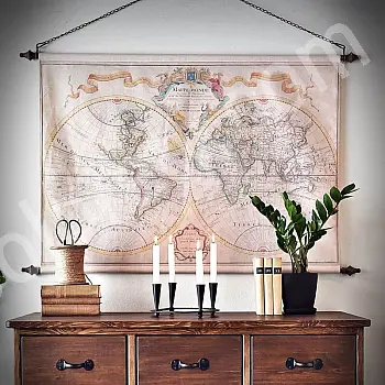 Mapamundi retro decorativo de pared - Dos hemisferios, tamaño 135 x 85 cm