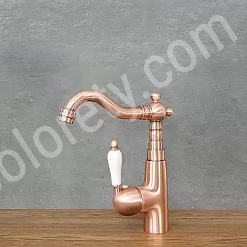 Spültischarmatur im Retro-Stil aus Messing in Roségoldfarbe mit Keramikkopf, Höhe 22 cm, Auslauflänge 15 cm