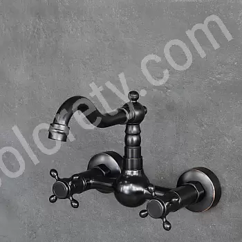 Torneira clássica de latão para parede, cor preta, altura 23 cm, comprimento do bico 16 cm