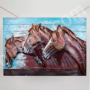 3D metal duvar sanatı, metal tablo &quot;3 at&quot;, kahverengi ve mavi tonlarında, boyutlar 100x70 cm