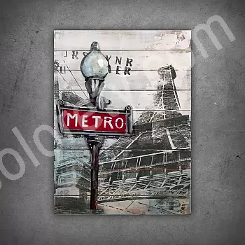 3D metal wall art, picture, wall decor &amp;quot;Red Metro sign at the foot of the Eiffel Tower&amp;quot;, dimensions 60x80 cm