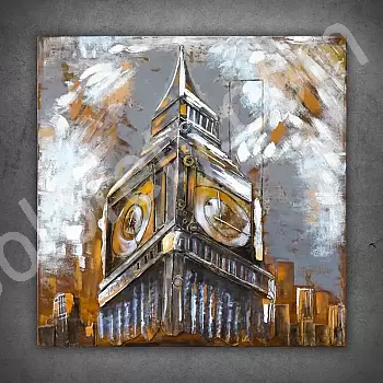 3D metal sanatı, resim, duvar dekoru &quot;Big Ben of London&quot;, turuncu tonlarında, boyut 100x100cm