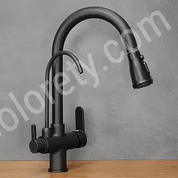 Robinet de cuisine moderne en laiton de couleur noire élégante, rotatif à 360 degrés, bec extractible, avec bec d&amp;amp;#039;eau potable supplémentaire, hauteur 41 cm, longueur du bec 19 cm