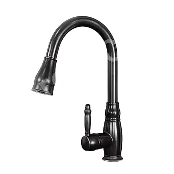 Retro-style kitchen mixer tap made of brass with pull-out spout, black color, height 40 cm