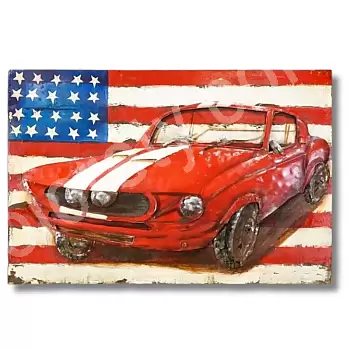 3D metalkunst, billeder, vægdekoration - rød sportsvogn og USA-flag, mål 120x80 cm