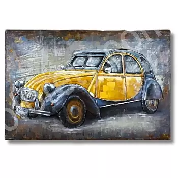 Tableau en métal 3D, décoration murale - petite voiture aux tons jaunes et bleus, dimensions 120x80cm